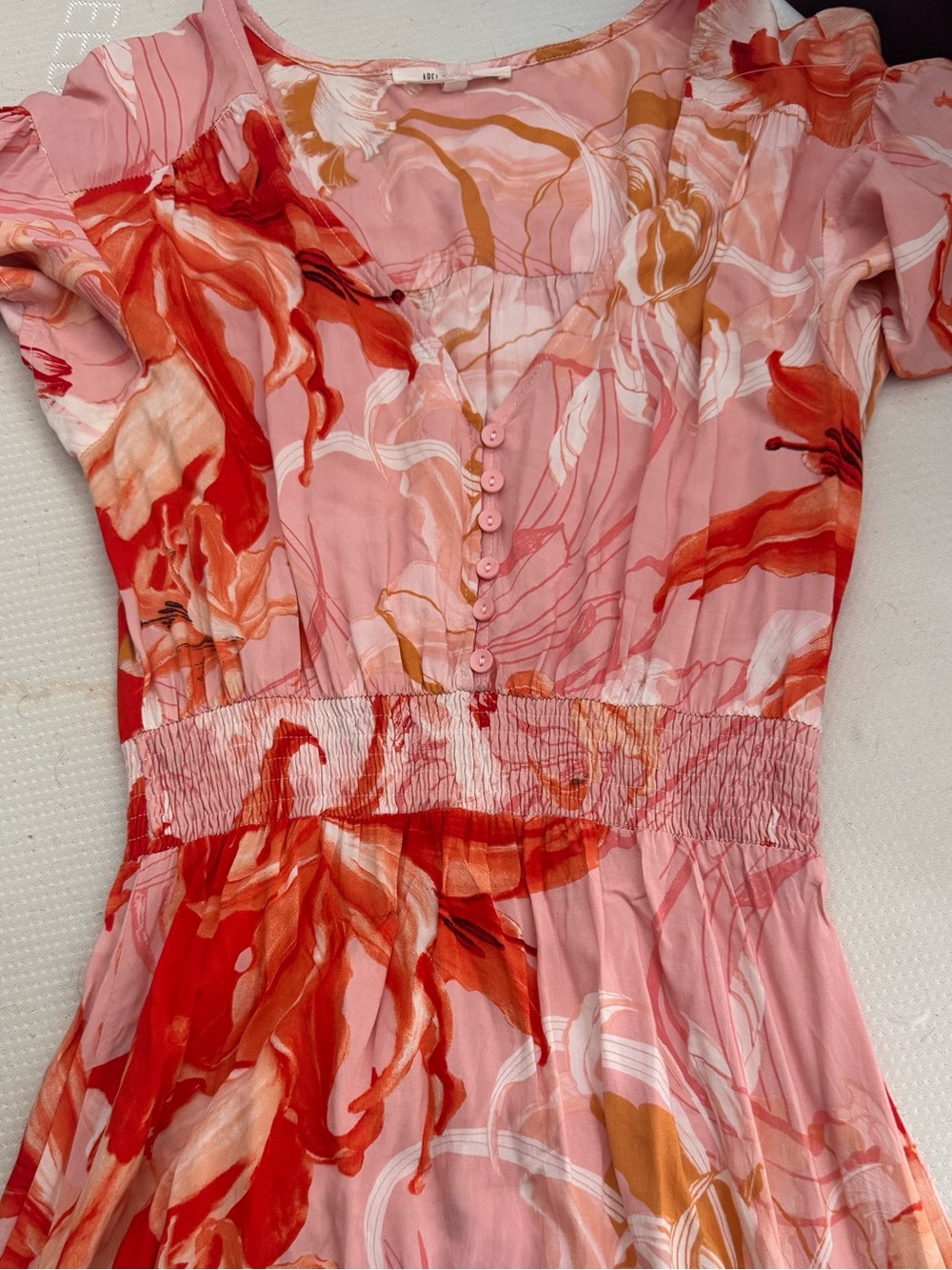 Pink Floral Maxi Dress with Red & Orange Accents